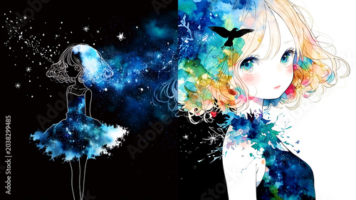 相反する自我を受け入れる。女の子。イラスト。水彩画。かわいい。
