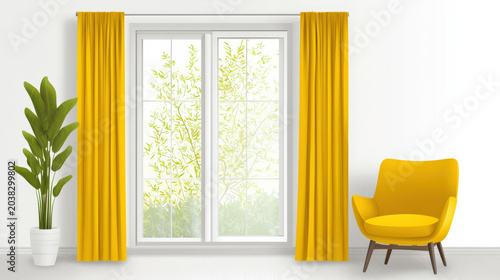 Bright yellow curtain window white wall potted plant yellow chair modern interior copy space natural light