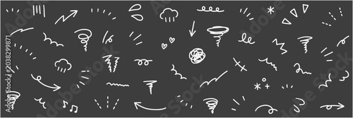 Bild auf Leinwand 手書きの飾りイラストのベクターイラストセット。手描き、集中線、矢印、モヤモヤ、注目