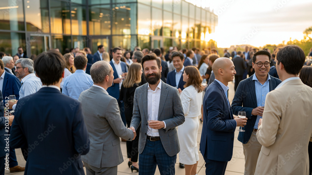 Obraz premium Business Networking Event at Modern Venue: A vibrant outdoor gathering where professionals connect and converse amidst the contemporary architecture of a modern building at sunset.