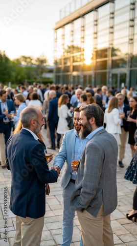 Networking Event at Sunset: Professionals mingle and shake hands at an outdoor networking event, with a modern glass building reflecting the warm hues of the setting sun in the background.
