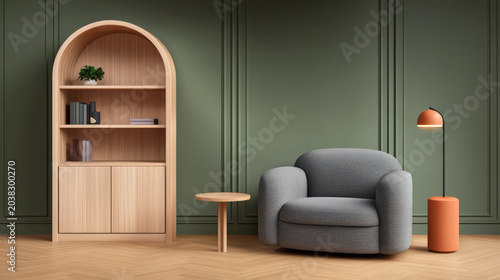 Modern interior living room with green wall, wood shelf, gray armchair, and copy space