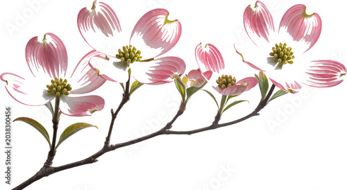 Pink Dogwood Blossoms: Delicate pink and white dogwood flowers bloom vibrantly on a slender branch, showcasing their distinctive petal shape and vibrant stamen, a symbol of spring's arrival.