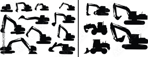 Schilderij op canvas Construction vehicle silhouettes excavators backhoes loaders heavy machinery ill