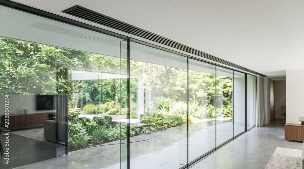 Fototapeta premium Linear slot diffuser HVAC vent running along top edge of luxury interior glass wall partition