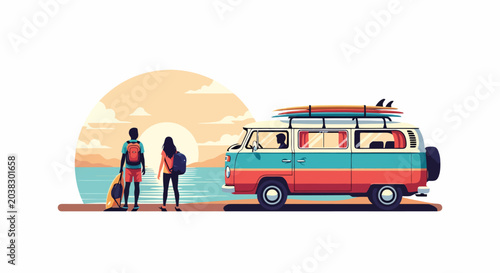 Two people with a vintage surf van by the ocean at sunset.