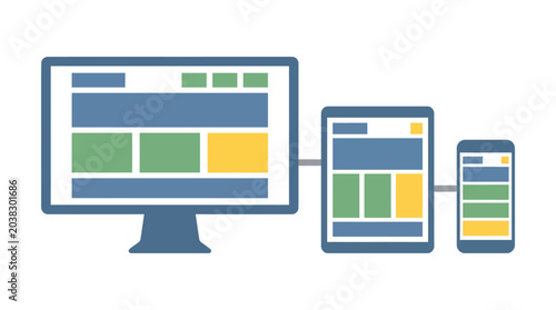 Responsive web design across multiple devices including desktop, tablet, and smartphone screens, illustrating adaptability and modern technology.