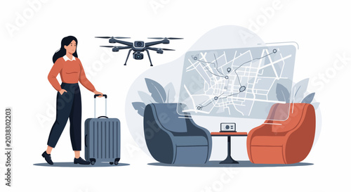 Woman with luggage and drone, ready for travel and aerial photography.