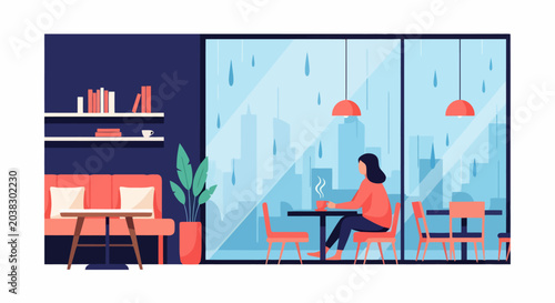 Woman working on laptop in a cafe on a rainy day.
