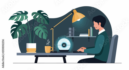 Young man working on laptop at desk with plant and lamp.