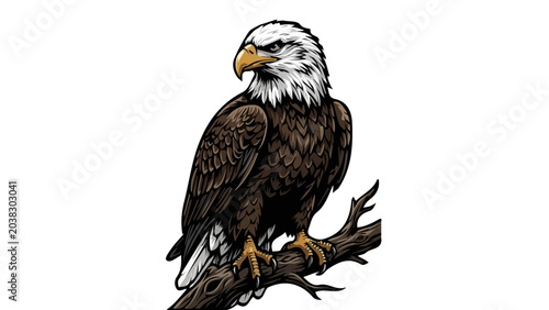 Fényképezés Majestic bald eagle illustration perched on a wooden branch isolated on white ba