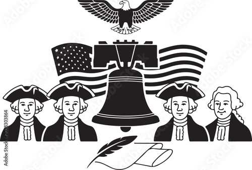 Foto Founding fathers with liberty bell and flags