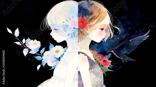 相反する自我を受け入れる。女の子。イラスト。水彩画。かわいい。