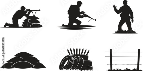 Photos Soldier silhouettes with combat and barricade elements