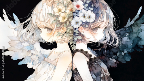 相反する自我を受け入れる。女の子。イラスト。水彩画。かわいい。