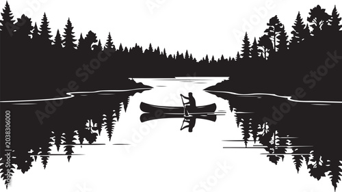 Black silhouette canoe vector, lake landscape icon, outdoor adventure symbol, monochrome nature scene