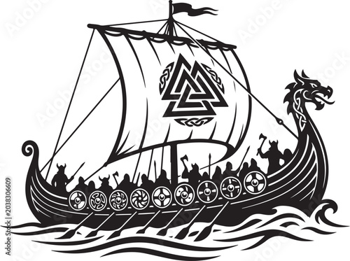 Viking ship, Norse longboat, sailboat, ancient Scandinavian vessel, black and white vector