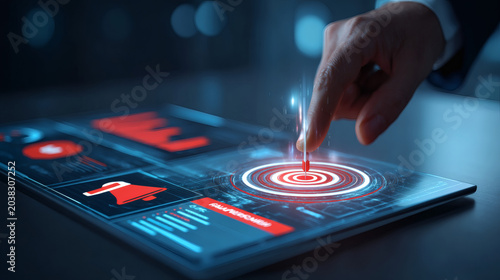 focused side-view photograph of a professional hand interacting with a sophisticated, multi-panel holographic CRM ecosystem. Brilliantly radiant cool white light illuminates the hand, showcasing 