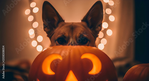 Chihuahua peeking over a carved pumpkin with warm bokeh lights for halloween