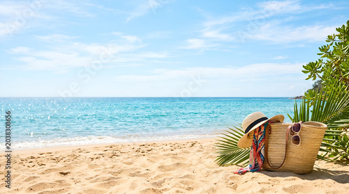 Straw Beach Bag with Hat and Colorful Scarf on Sandy Tropical Beach with Blue Ocean and Sky Background Summer Vacation Concept