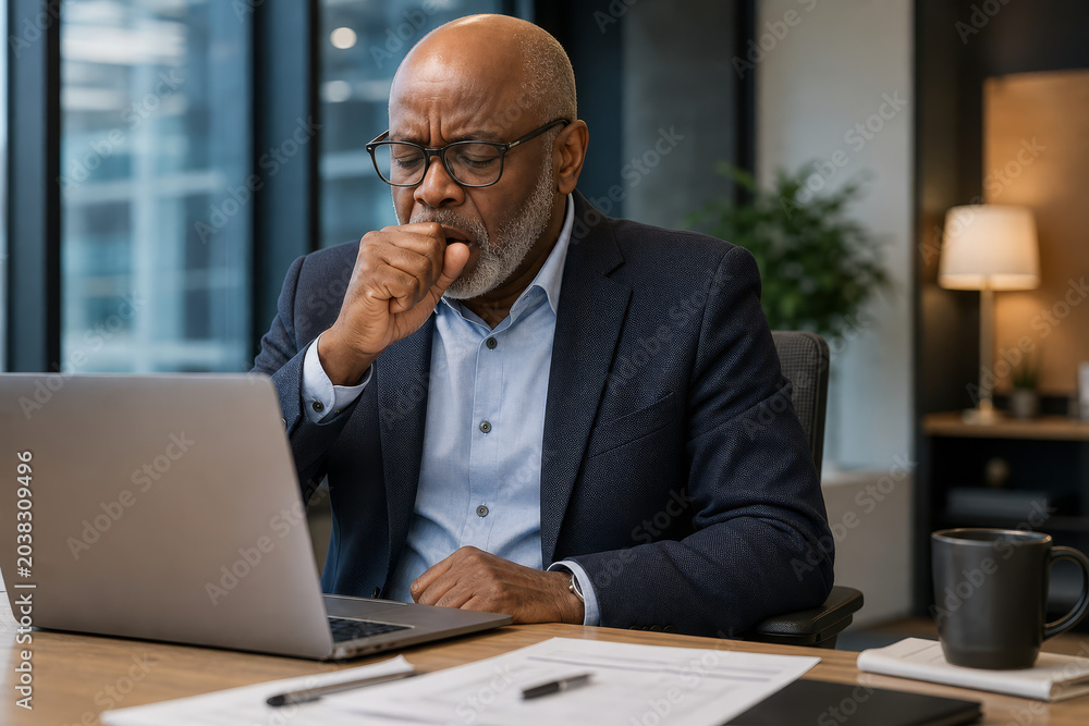 Obraz premium An elderly african american man with glasses coughs into his hand while working on a laptop in an office.