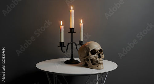 Still life with human skull and burning candles on a white tabletop dramatic lighting