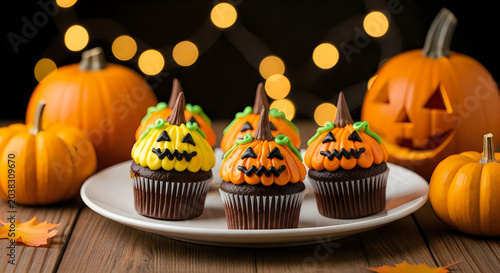Halloween pumpkin cupcakes with jackolantern faces and autumn gourds on a wooden table