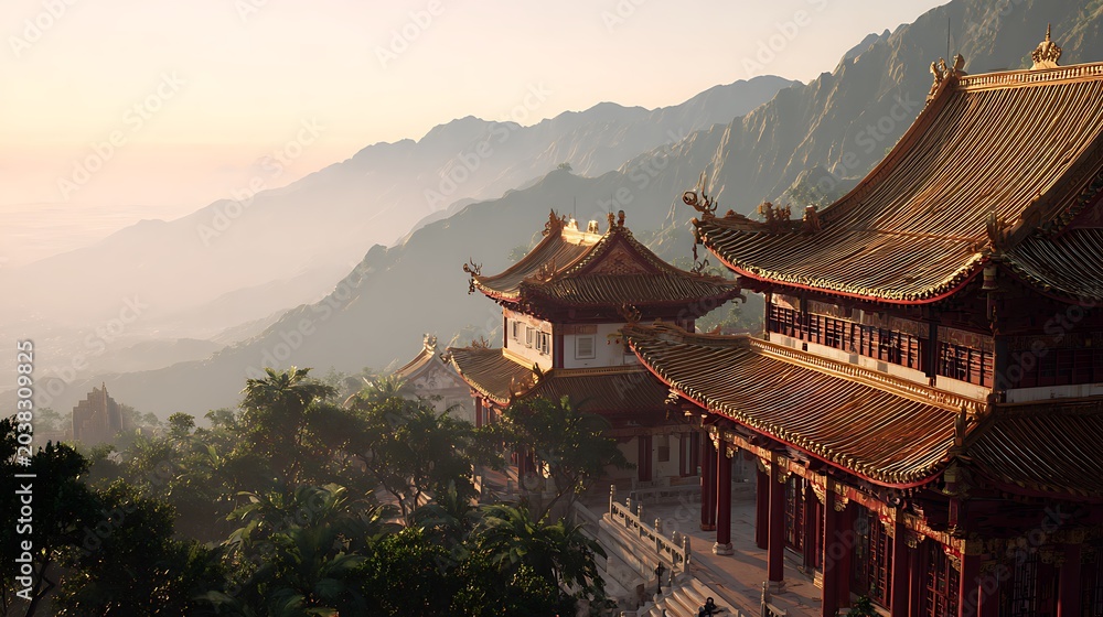 Fototapeta premium Traditional chinese temple with ornate roofs and mountain backdrop background