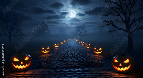 Spooky halloween scene with jackolanterns lining a path to a haunted castle at night