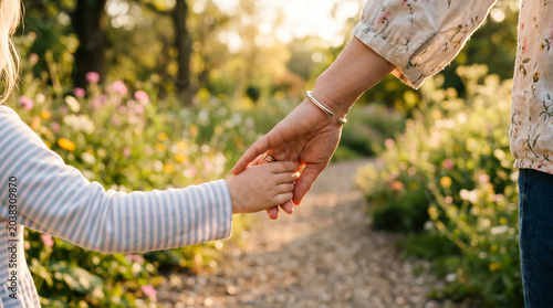 Mother and Child Holding Hands in Garden, A close-up view of a mother and her young child holding hands while walking along a path in a sunlit garden, showing love and guidance, Mother's day concept