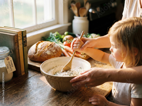 Happy Mother's Day concept. A mother guides her young daughter's hand to stir flour in a mixing bowl on a rustic kitchen counter by a sunlit window