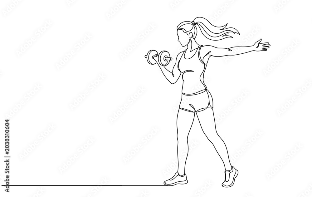 Fototapeta premium Woman exercising with dumbbells, fitness and healthy lifestyle concept. Minimal monoline illustration, black outline art