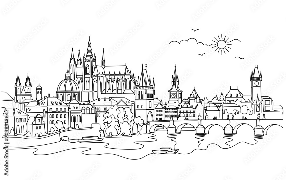 Fototapeta premium Continuous one line drawing of historic city skyline with river and cathedral buildings, travel illustration