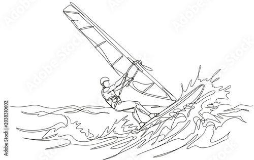 Windsurfer riding ocean waves with sailboard, summer sport and adventure concept. Single line illustration, black outline