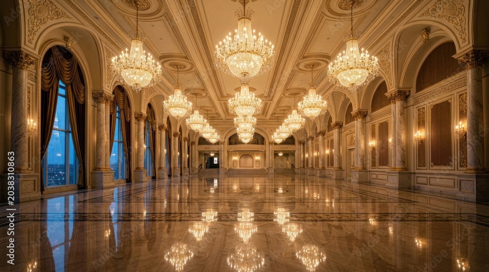 Fototapeta premium Grand hall with opulent chandeliers reflects on marble floor beneath arches and large windows