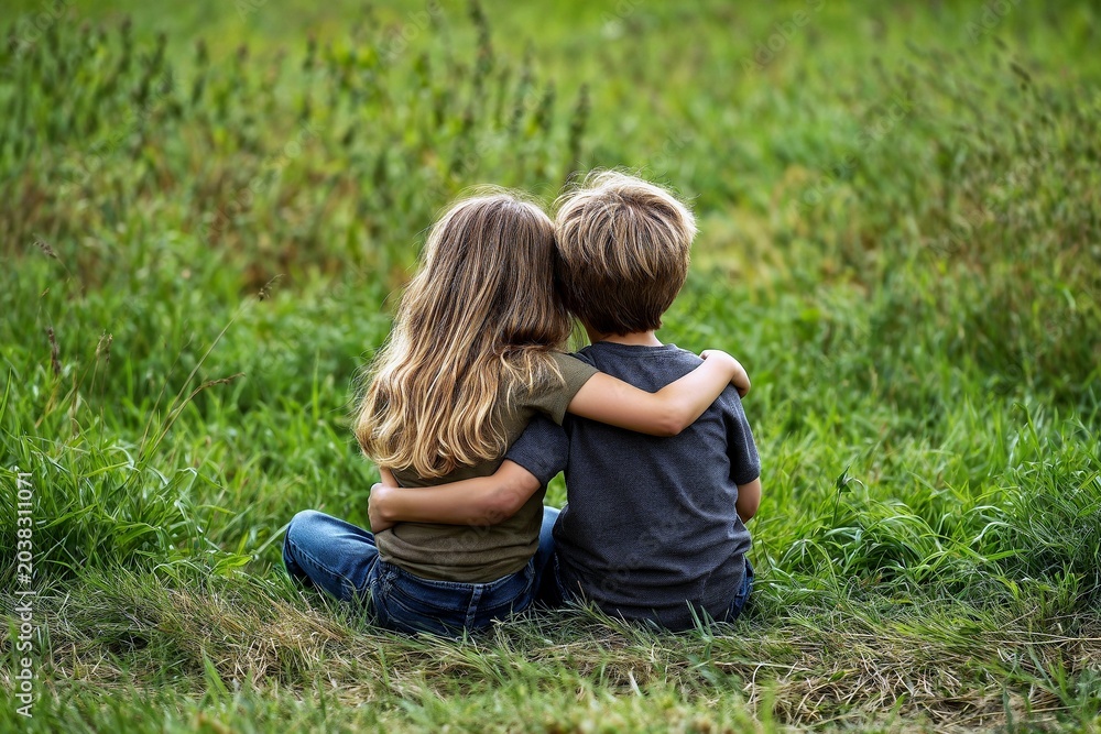 Fototapeta premium Young boy and girl, two children sitting together in the lush green grass while embracing each other with warm affection during a bright and peaceful sunny day outdoors in nature