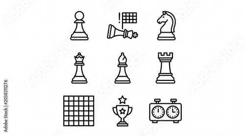 Minimal black‑and‑white chess icons arranged in a 3x3 grid: pawn, knight, queen, rook, bishop, board, trophy, timer.