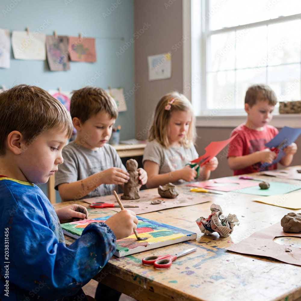 Obraz premium Children create art together in a classroom during a fun activity with paper and clay in the morning light
