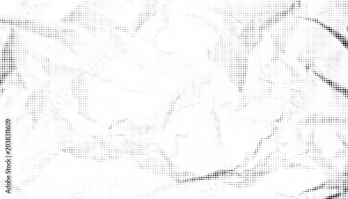 Halftone crumpled paper texture with black a dotted, rough, and wrinkled surface. Wite creased sheet background in comic pop-art style, featuring grainy folds and gritty distressed details.