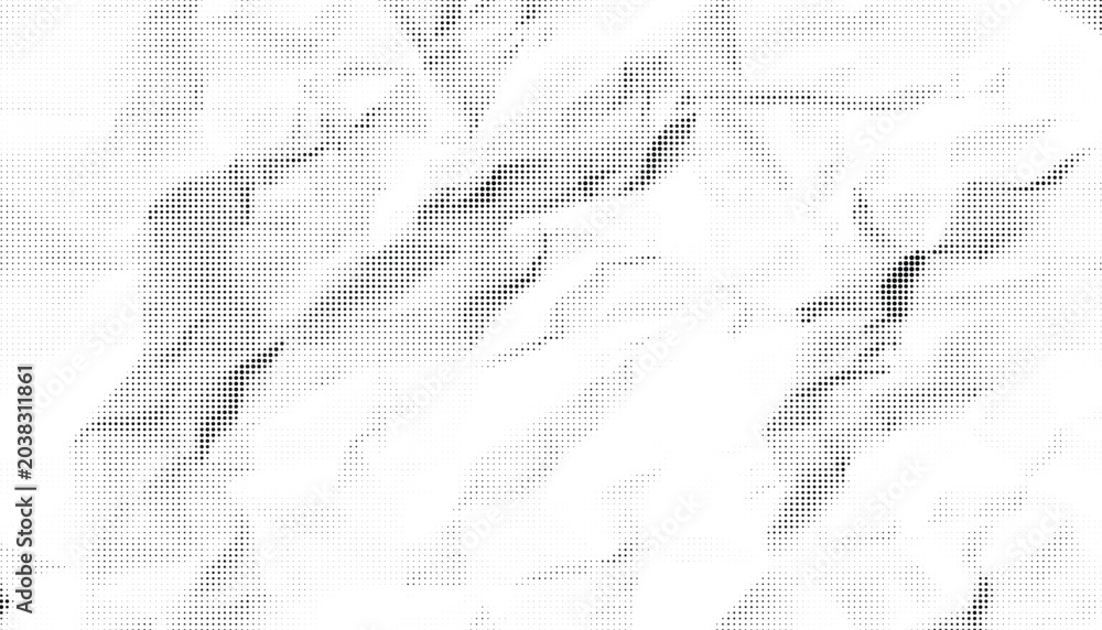 Fototapeta premium Halftone crumpled paper texture with black a dotted, rough, and wrinkled surface. Wite creased sheet background in comic pop-art style, featuring grainy folds and gritty distressed details.