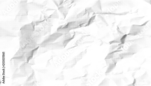 Halftone crumpled paper texture with black a dotted, rough, and wrinkled surface. Wite creased sheet background in comic pop-art style, featuring grainy folds and gritty distressed details.