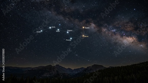 Constellation Ursa Major featuring Big Dipper asterism with labeled stars Alcaid Mizar Alioth Megrez Phecda Merak Dubhe over mountain peaks and Milky Way galaxy night sky astrophotography.