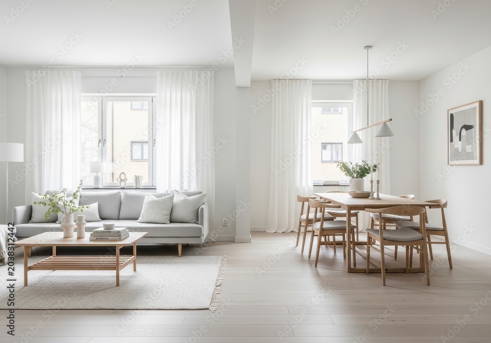 Fototapeta premium Bright scandinavian living and dining room with light wood furniture and neutral tones