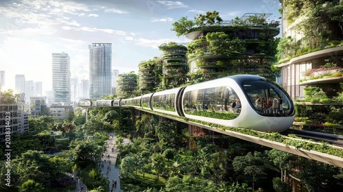 The fusion of nature and technology in a green future city with monorail transport.