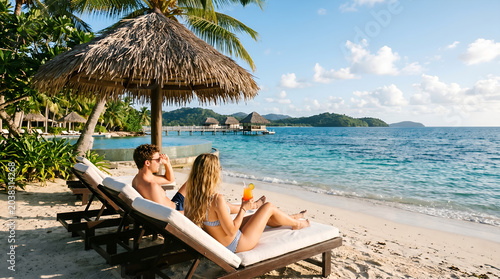 Happy Couple Relaxing on Sun Loungers Under Palm Thatched Umbrella on Tropical Beach with Turquoise Water