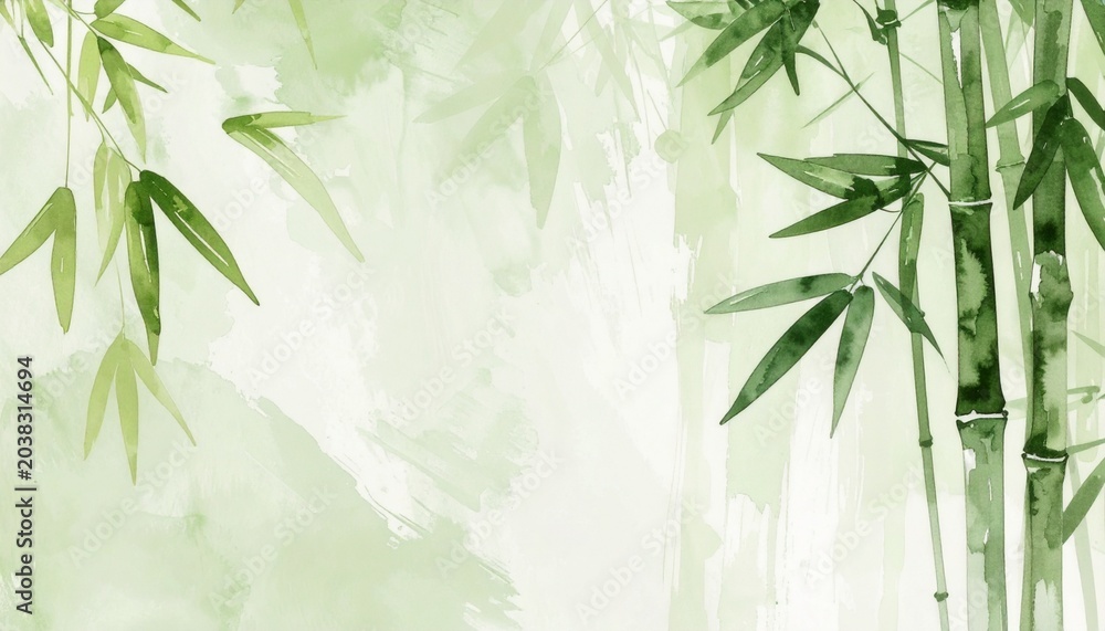 Fototapeta premium Serene Green Bamboo Forest Watercolor Painting with Soft Brushes and Gentle Leaves