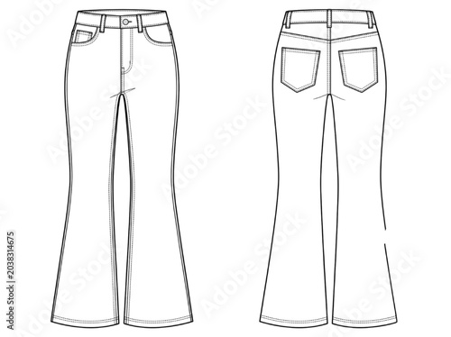 Fotografie CAD drawing of women's flared jeans, front and back view, fashion technical illu