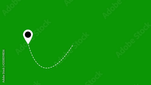 Animated aviation travel route, airplane moving along dotted path with location pins, simple tourism motion graphic for travel stories, green screen background alpha channel 4k video