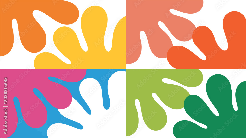 Fototapeta premium Colorful Blob Graphic: A vibrant, abstract graphic design featuring four quadrants each showcasing a unique, organic blob shape in distinct colors like orange, yellow, pink, and green.