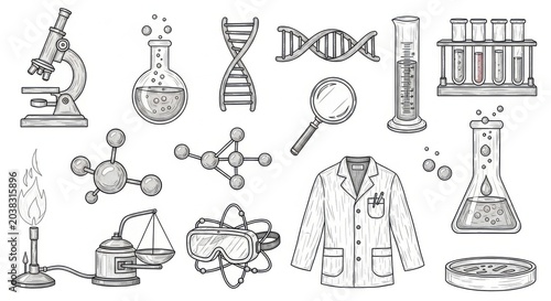 Scientific Laboratory Equipment and Symbols Illustration on White Background
